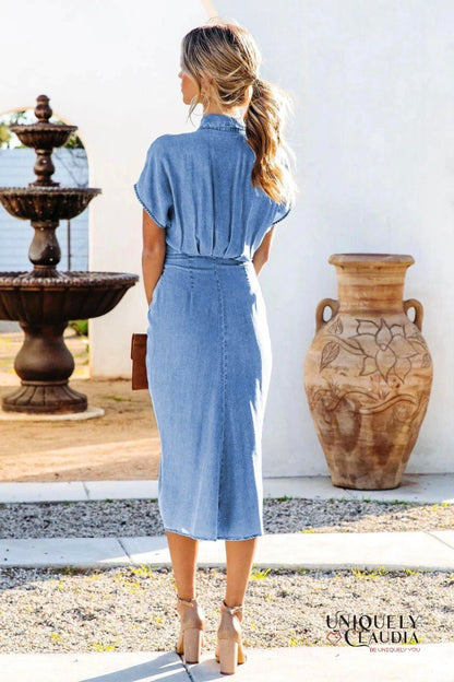 Tiana Short Sleeves Waist Tie Daily Midi Dress | Uniquely Claudia Boutique