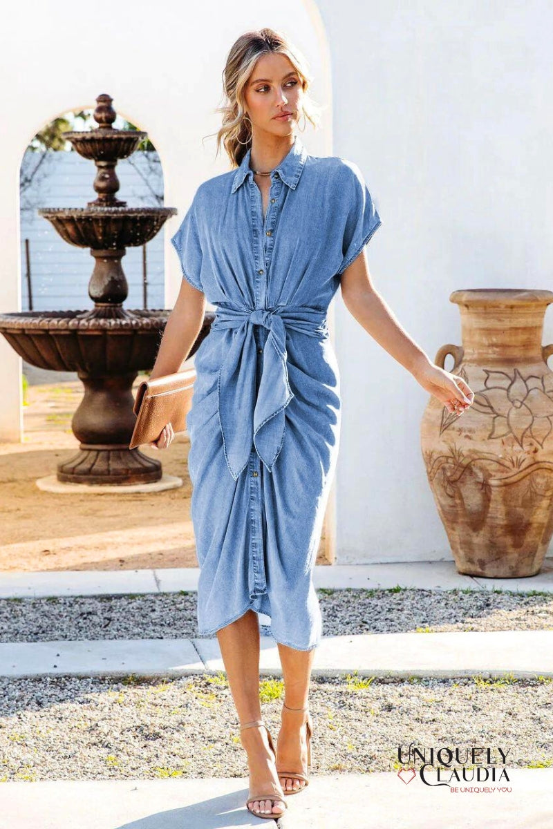 Tiana Short Sleeves Waist Tie Daily Midi Dress | Uniquely Claudia Boutique