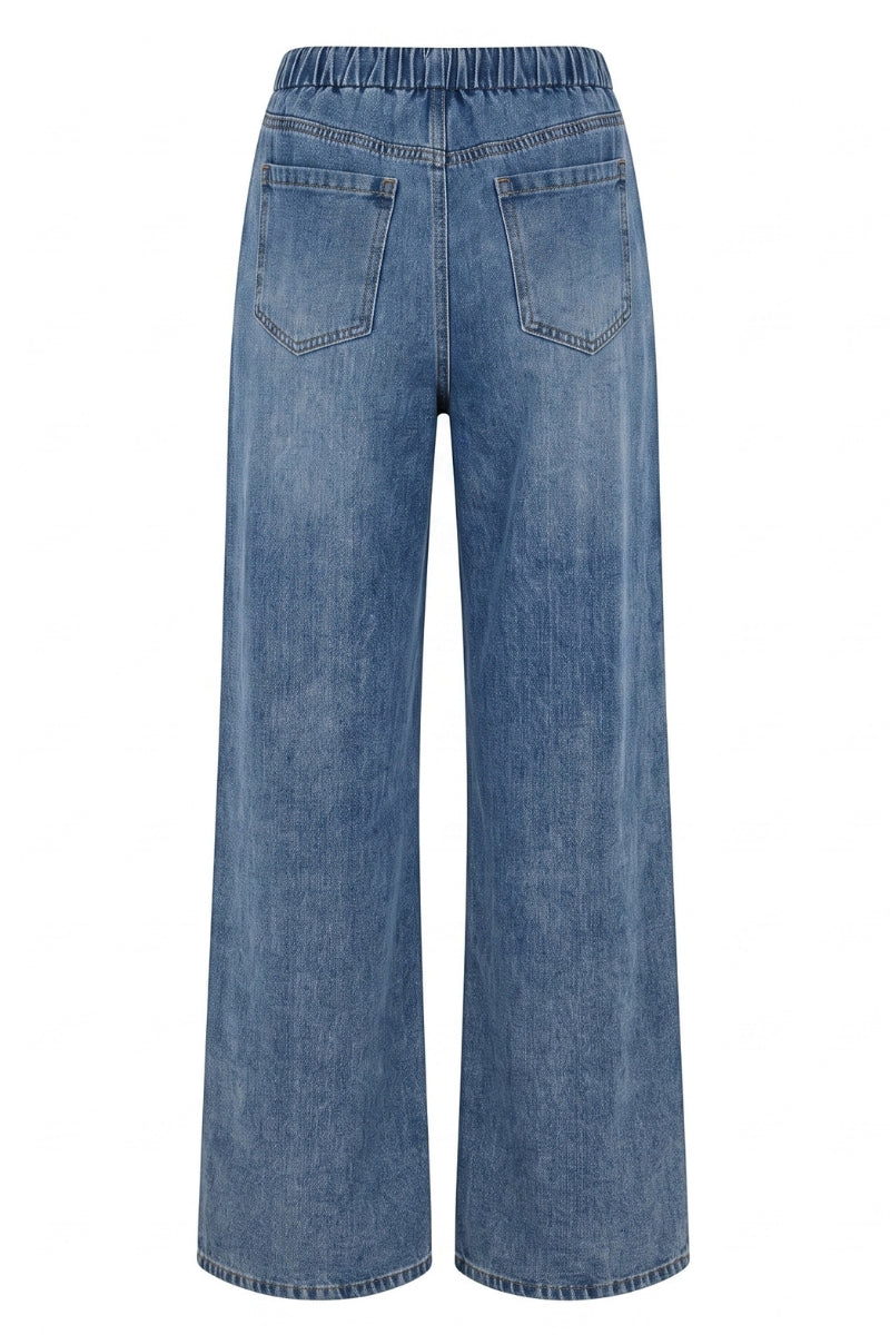 Back view of wide-leg blue denim jeans with an elastic waistband and back pockets, shown on a plain white background.