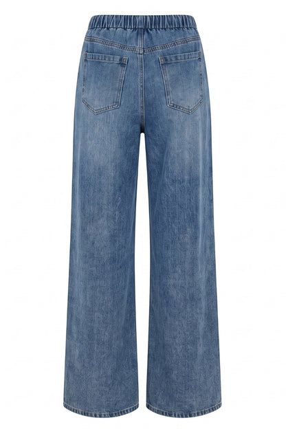 Back view of wide-leg blue denim jeans with an elastic waistband and back pockets, shown on a plain white background.