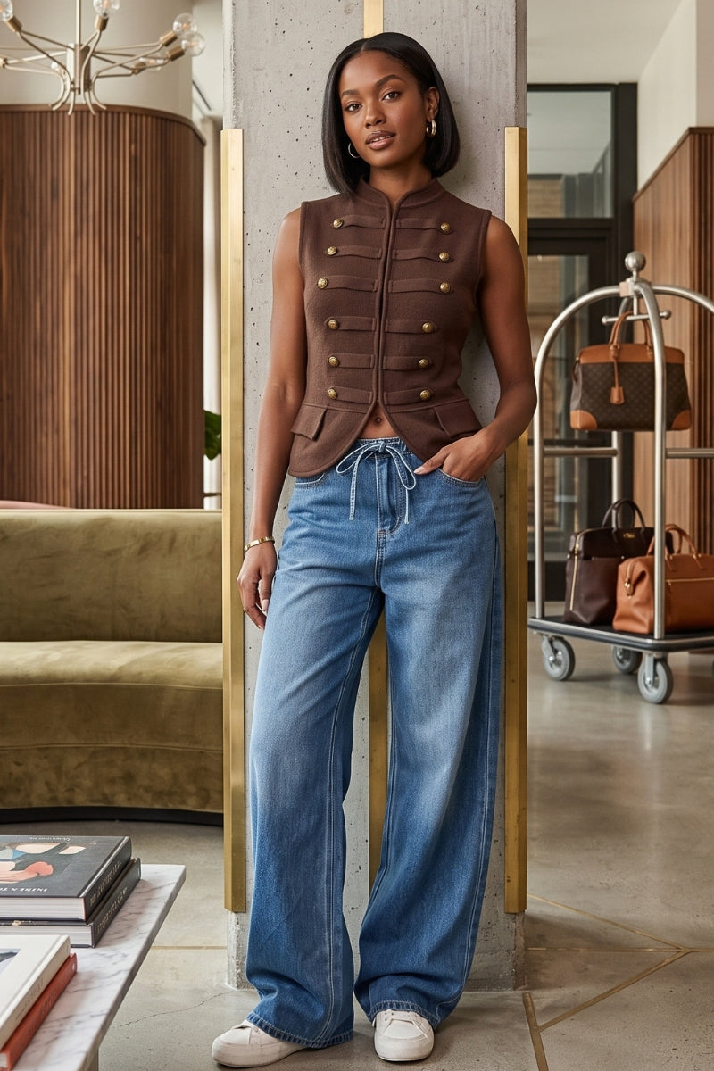 A woman stands indoors wearing a sleeveless brown cropped vest with gold-tone buttons and wide-leg blue jeans, posed between two gold-framed columns in a modern interior with a sofa and luggage cart visible.