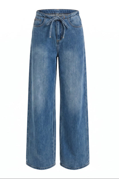 A pair of wide-leg blue denim jeans with a drawstring waistband, displayed on a clean white background.