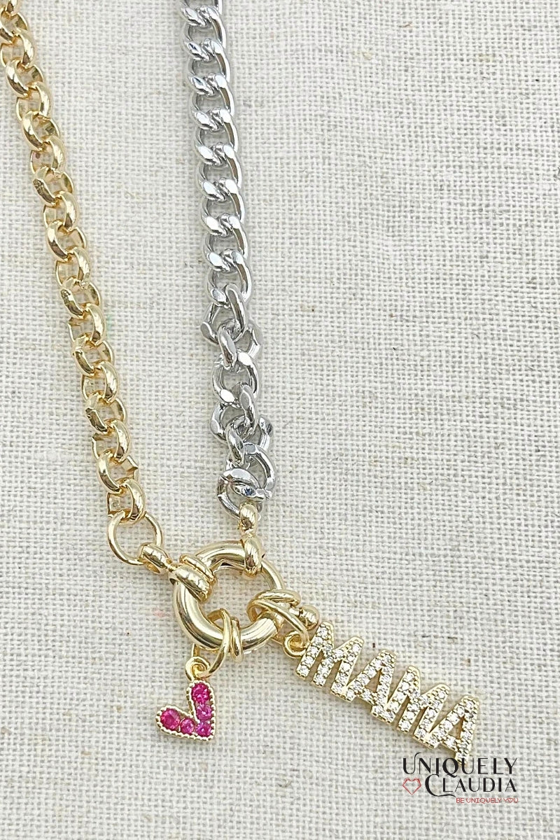 Two-Tone MAMA Chain Necklace with Heart Charm