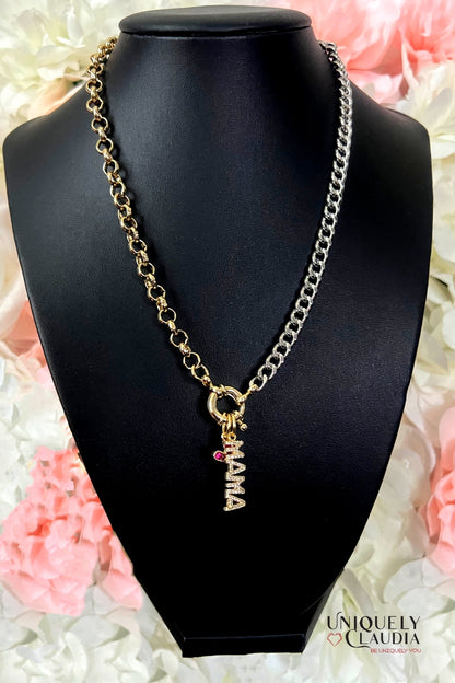 Two-Tone MAMA Chain Necklace with Heart Charm