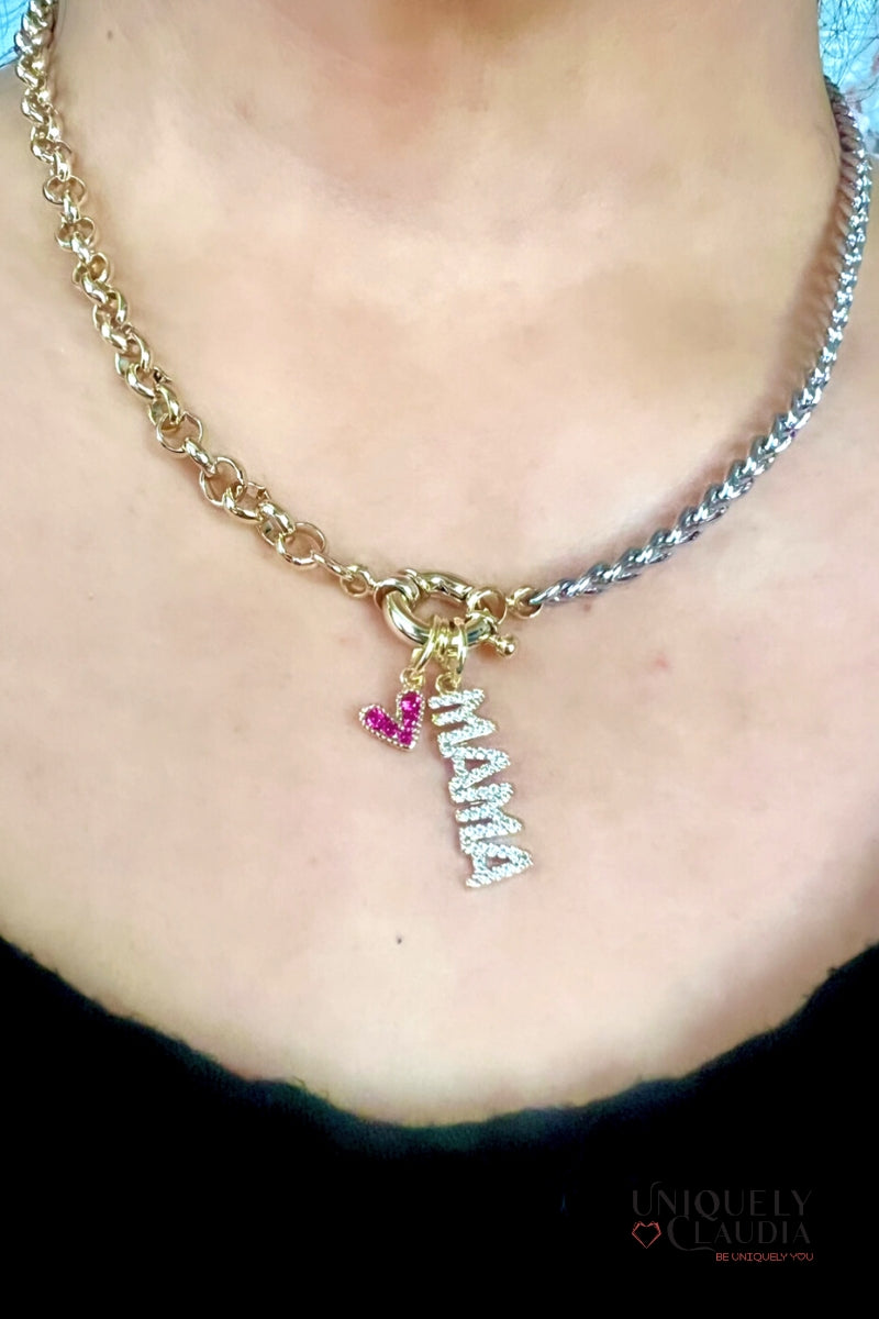 Two-Tone MAMA Chain Necklace with Heart Charm - Uniquely Claudia Boutique