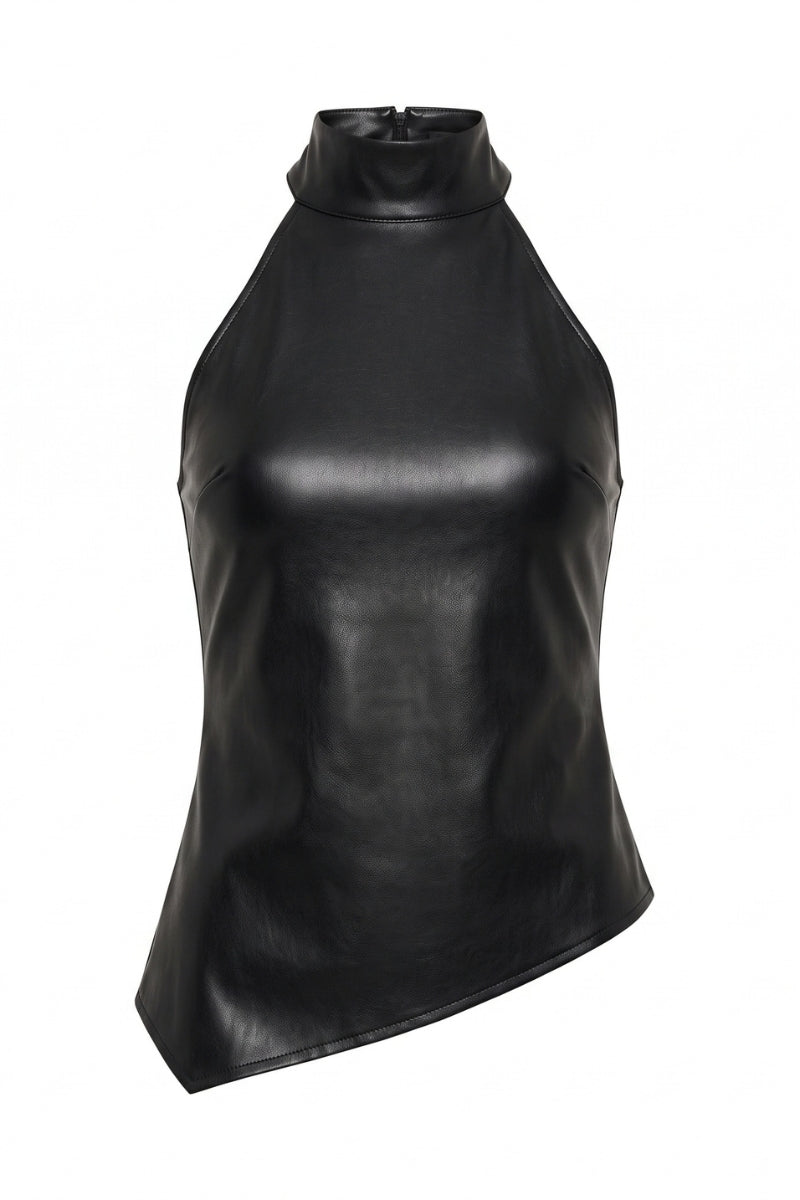 A black faux-leather asymmetrical top with a mock neck and front zipper, shown against a plain white background.