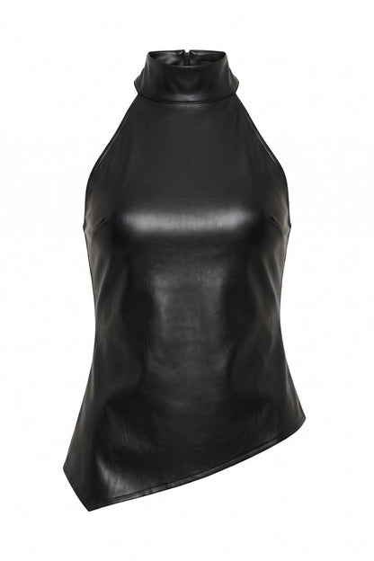 A black faux-leather asymmetrical top with a mock neck and front zipper, shown against a plain white background.