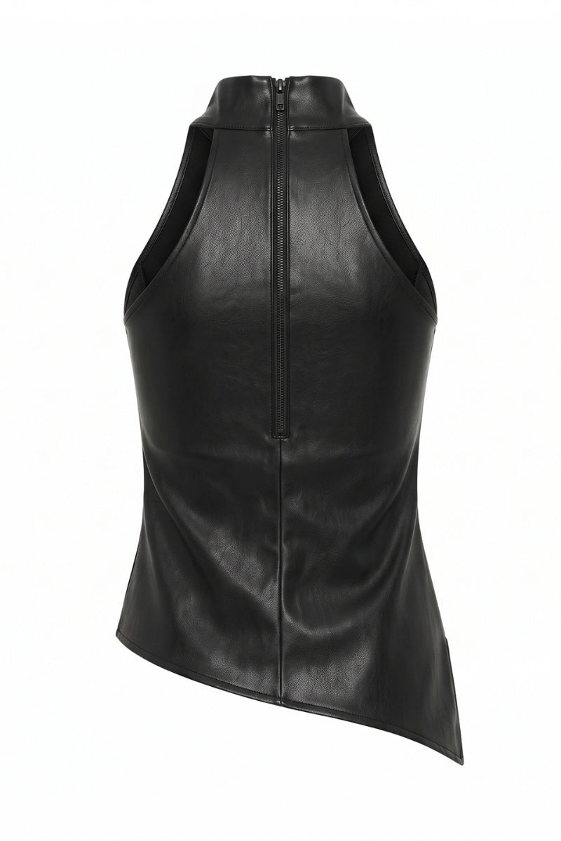Black faux leather sleeveless top with a high collar and a central front zipper, shown from the back on a white background.
