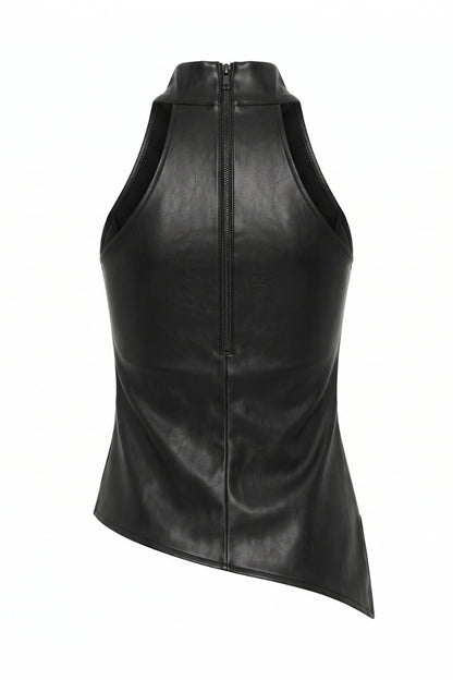 Black faux leather sleeveless top with a high collar and a central front zipper, shown from the back on a white background.