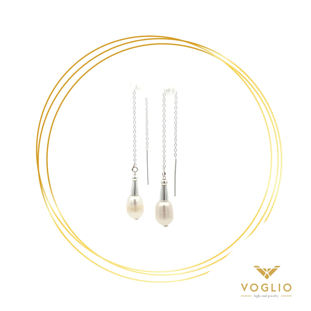 VOGLIO: Fresh Water Pearl Threader Sterling Silver Earrings