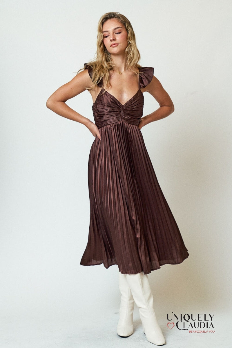 Vanessa Satin Pleated Ruffle Strap Detail Maxi Dress | Uniquely Claudia Boutique 