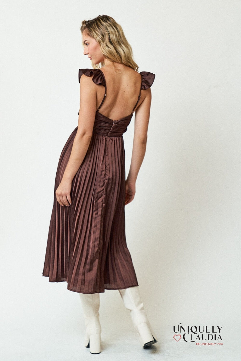 Vanessa Satin Pleated Ruffle Strap Detail Maxi Dress | Uniquely Claudia Boutique 