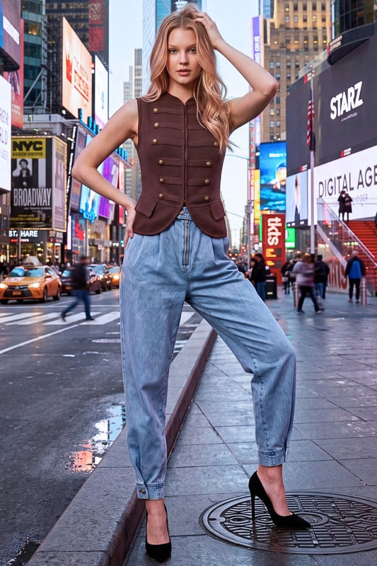 A woman posing on a city sidewalk in Times Square, wearing a brown structured sleeveless vest with gold buttons, light-wash blue cropped jeans, and black high heels.