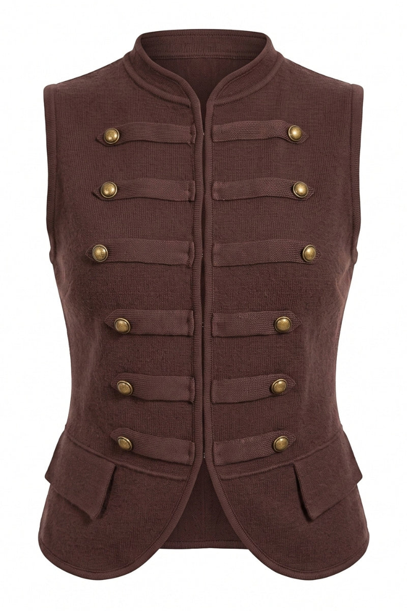 A dark brown military-style vest with double-breasted gold buttons, a mandarin collar, and front flap pockets, shown on a plain white background.
