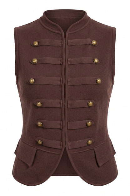 A dark brown military-style vest with double-breasted gold buttons, a mandarin collar, and front flap pockets, shown on a plain white background.
