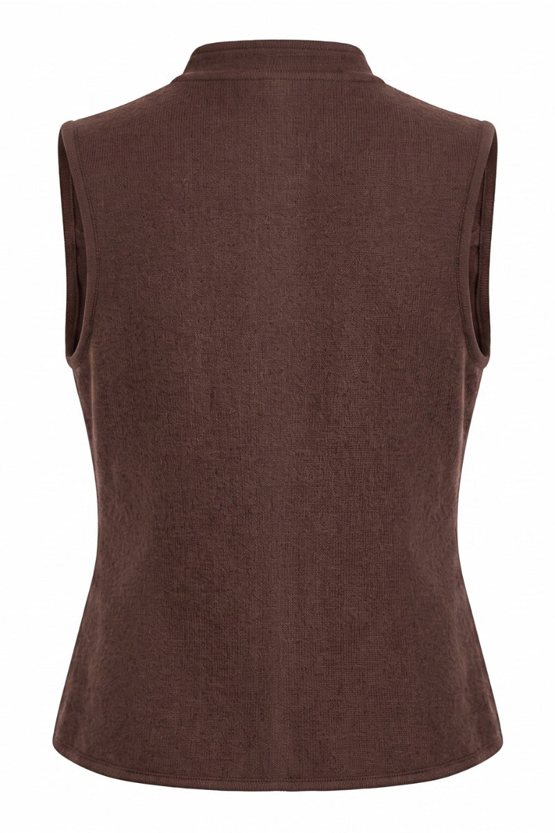 A sleeveless brown knit vest with a high mock neck, shown from the back on a white background.