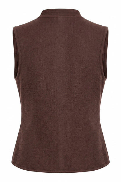 A sleeveless brown knit vest with a high mock neck, shown from the back on a white background.