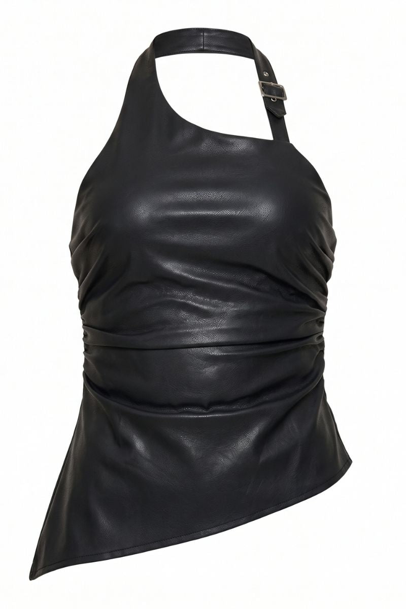 A black faux-leather halter top with a cutout back strap and a small silver buckle, shown against a plain white background.