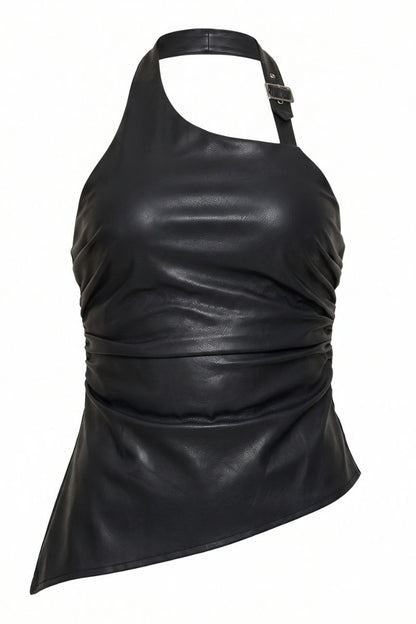 A black faux-leather halter top with a cutout back strap and a small silver buckle, shown against a plain white background.