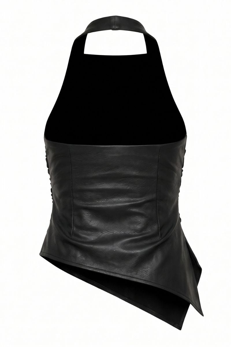Black asymmetrical halter top with a velvet upper section and a structured faux-leather lower section, shown against a plain white background.