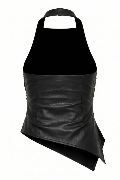 Black asymmetrical halter top with a velvet upper section and a structured faux-leather lower section, shown against a plain white background.