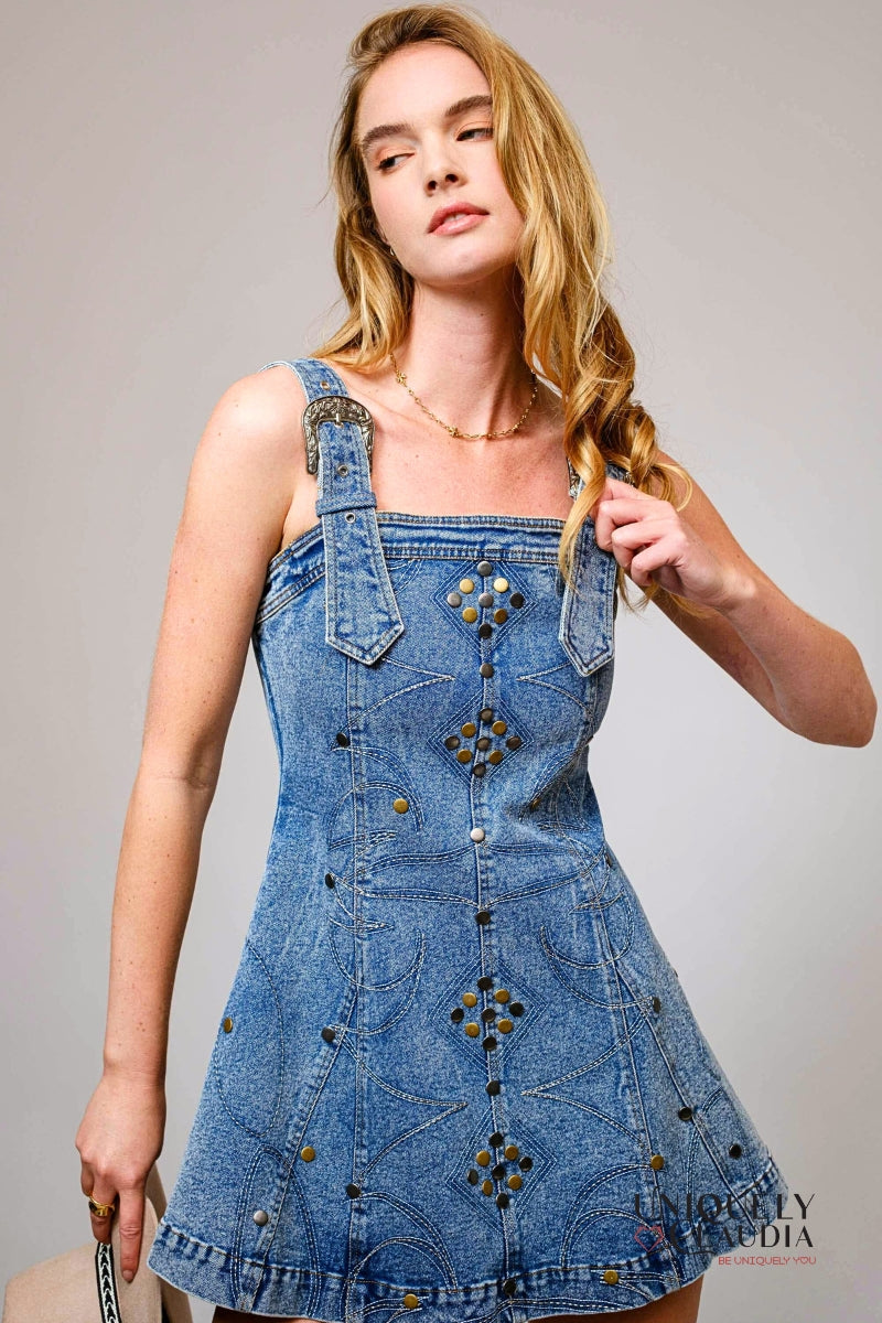 Wendy Studded Western Buckle Medium Wash Denim Dress