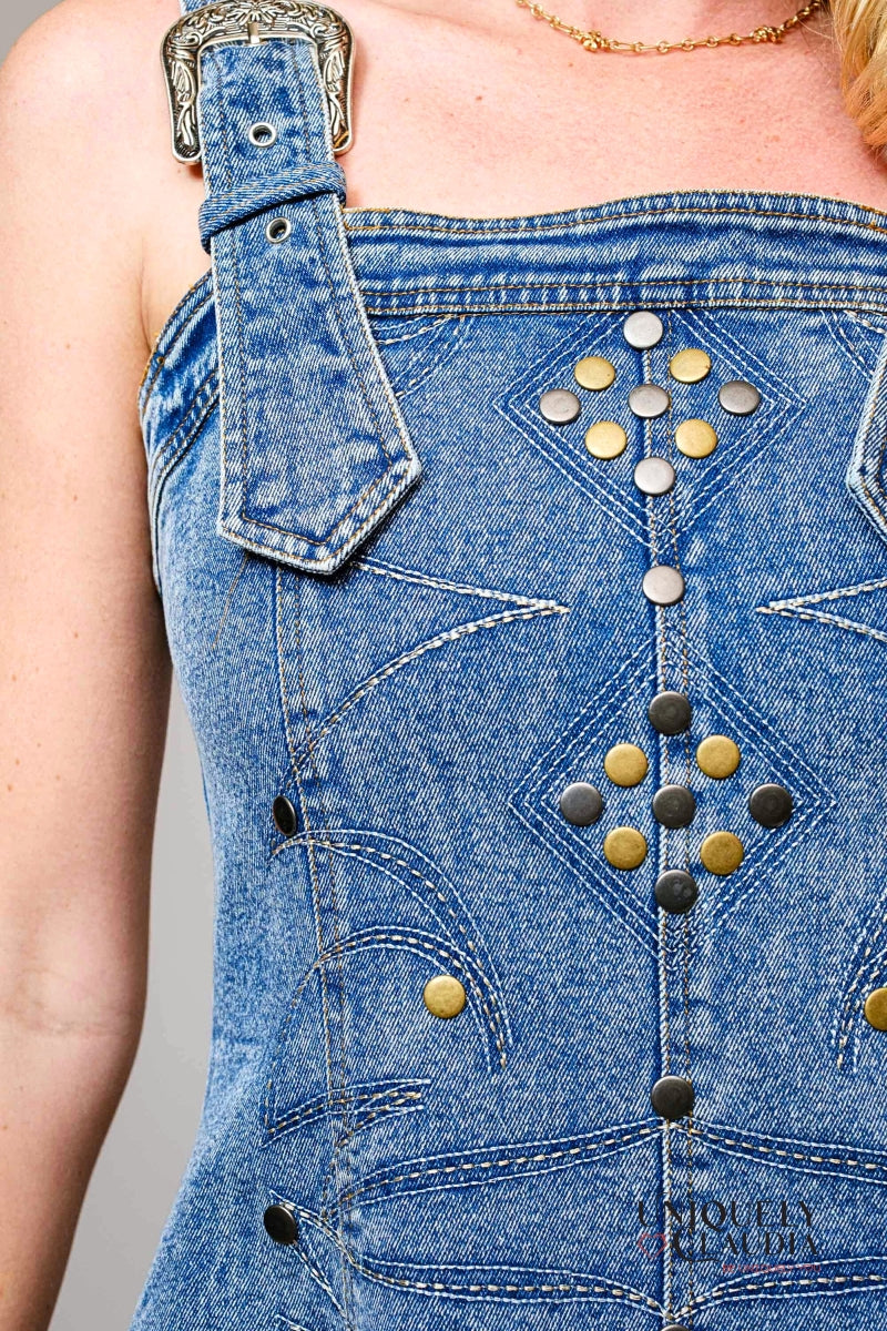 Wendy Studded Western Buckle Medium Wash Denim Dress