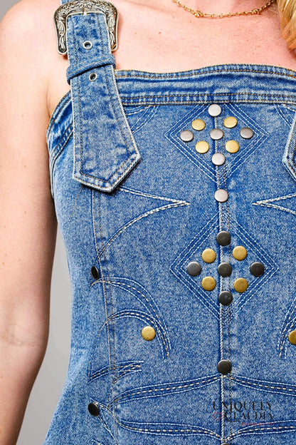 Wendy Studded Western Buckle Medium Wash Denim Dress