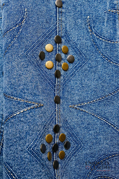 Wendy Studded Western Buckle Medium Wash Denim Dress