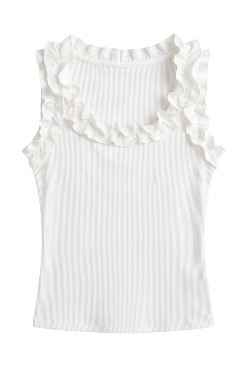 A white sleeveless ribbed tank top with a wide ruffled neckline, shown flat against a plain white background.