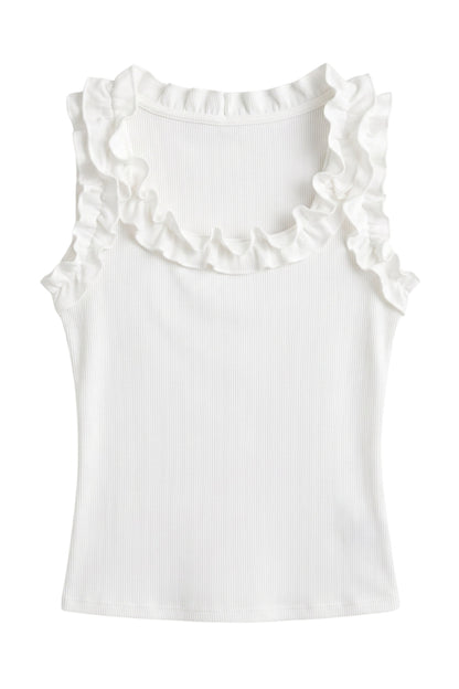 A white sleeveless ribbed tank top with a wide ruffled neckline, shown flat against a plain white background.