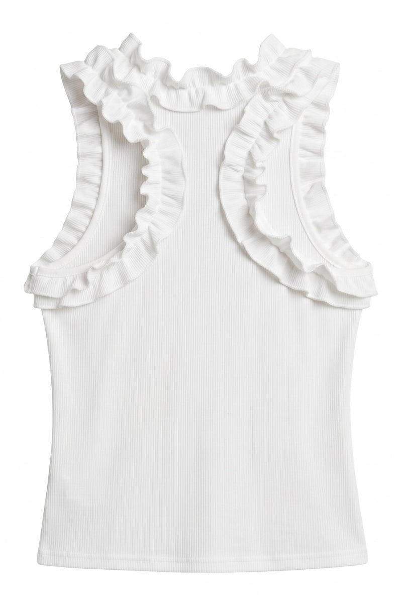 A white sleeveless ribbed tank top featuring prominent ruffled trim along the scoop neckline and shoulders, shown against a plain white background.