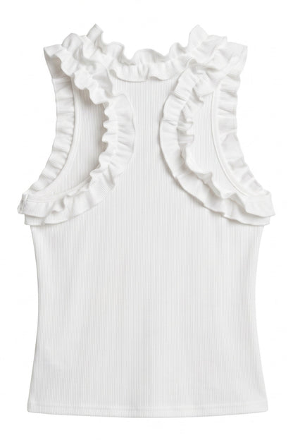 A white sleeveless ribbed tank top featuring prominent ruffled trim along the scoop neckline and shoulders, shown against a plain white background.