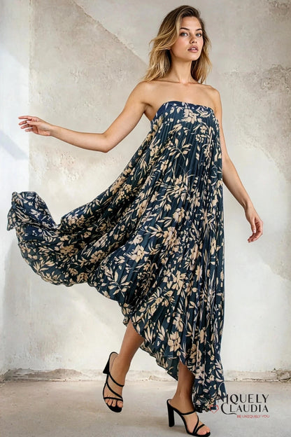 Yaneth Floral Asymmetrical Pleated Maxi Dress