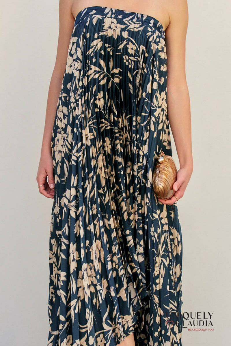 Yaneth Floral Asymmetrical Pleated Maxi Dress