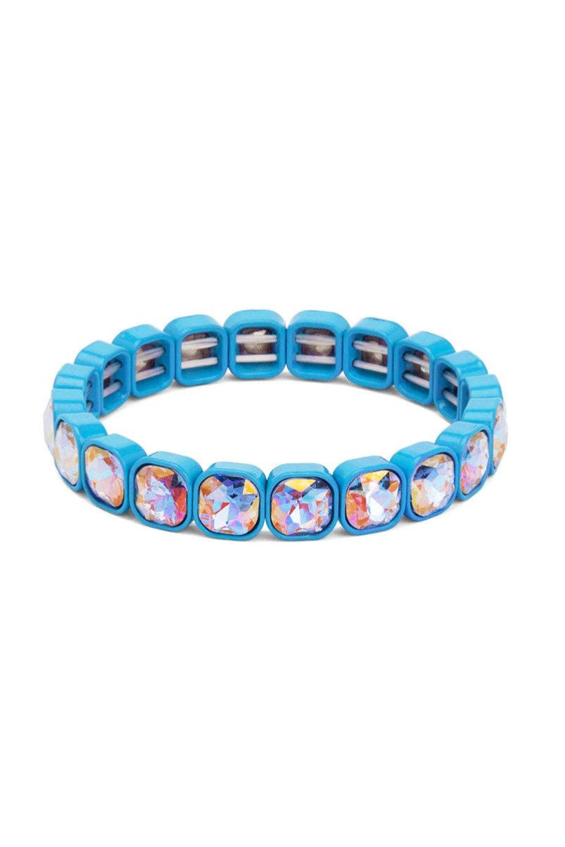 Blue bracelet with colorful gemstones on a white background
