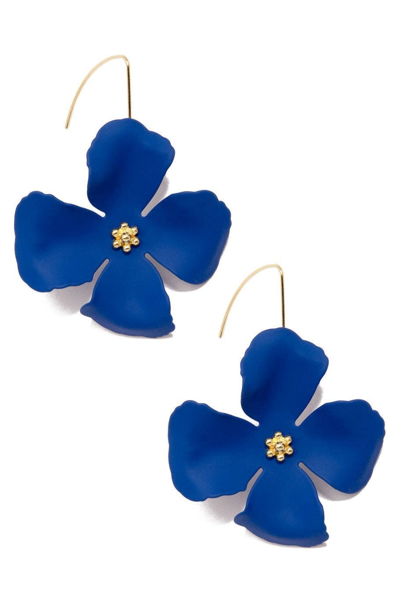 Blue flower-shaped earrings with gold centers on a white background