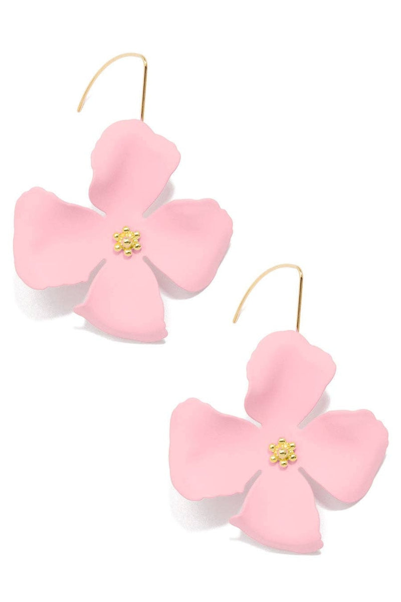 Pink flower-shaped earrings with gold accents on a white background