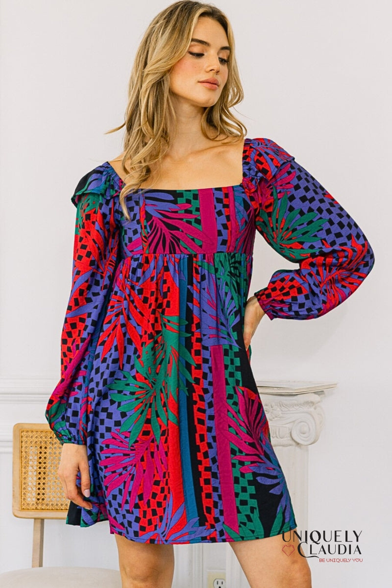Zoe Tropical Leaves Print Babydoll Mini Dress | Uniquely Claudia Boutique