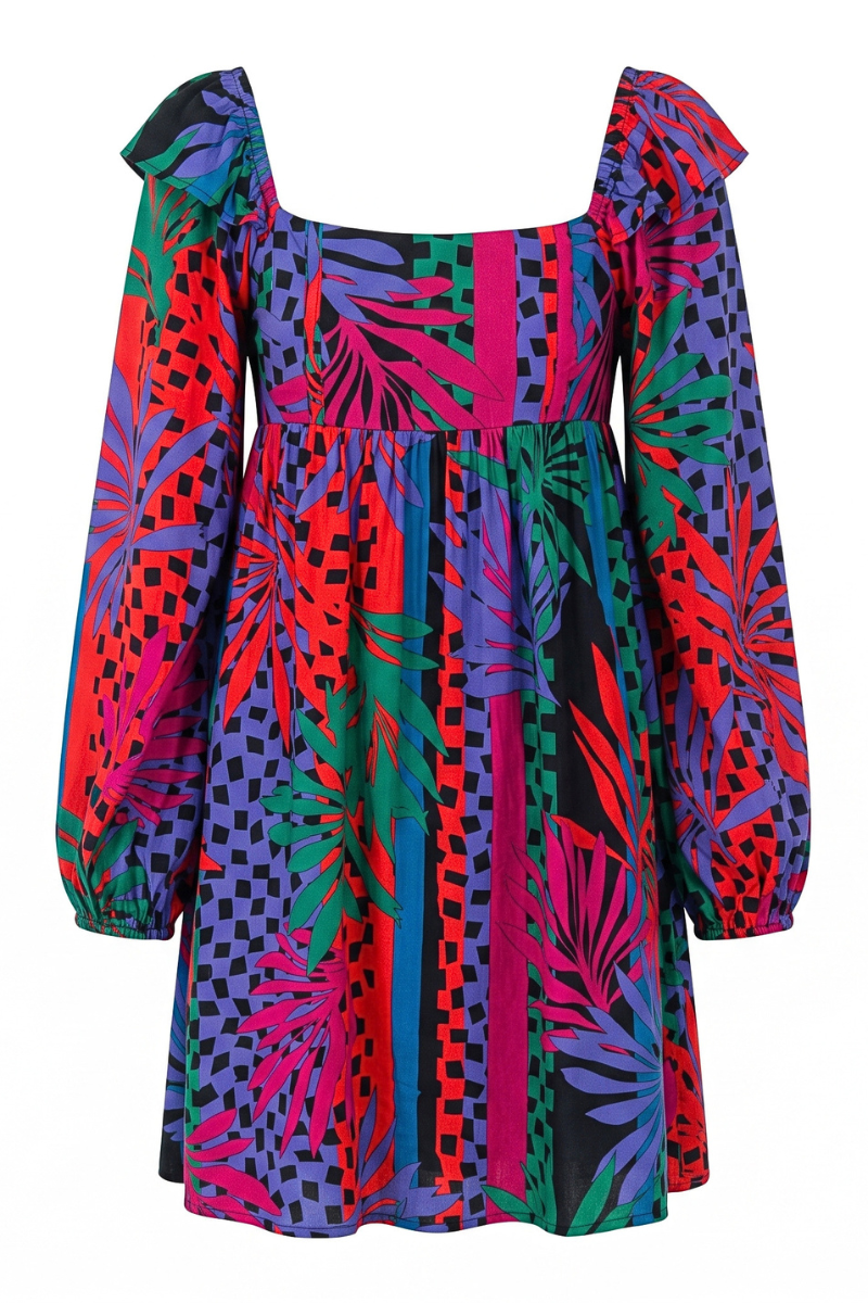 A long-sleeve mini dress with a bold, multicolor abstract print featuring red, green, pink, purple, and black geometric patterns, set against a plain white background.