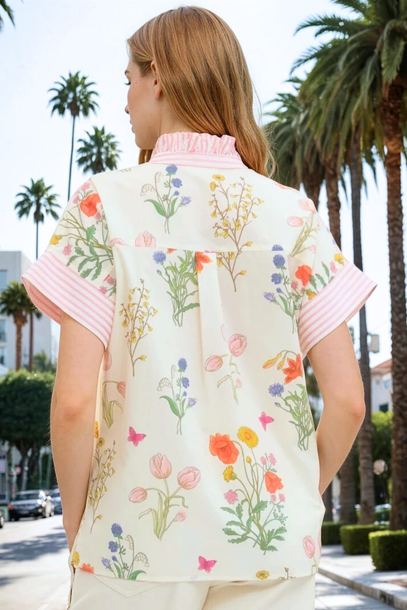 Zulie Floral & Stripes Button-Down Blouse - Uniquely Claudia Boutique