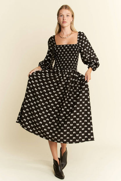 Paloma Ribbon Print Puff Sleeve Midi Dress - Uniquely Claudia Boutique