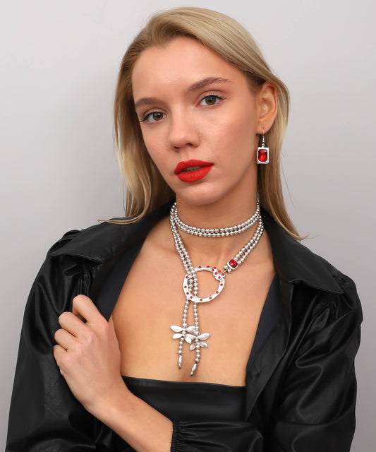 Red Crystal Dragonfly Handmade Silver-Plated Necklace & Earrings Set | Uniquely Claudia Boutique 