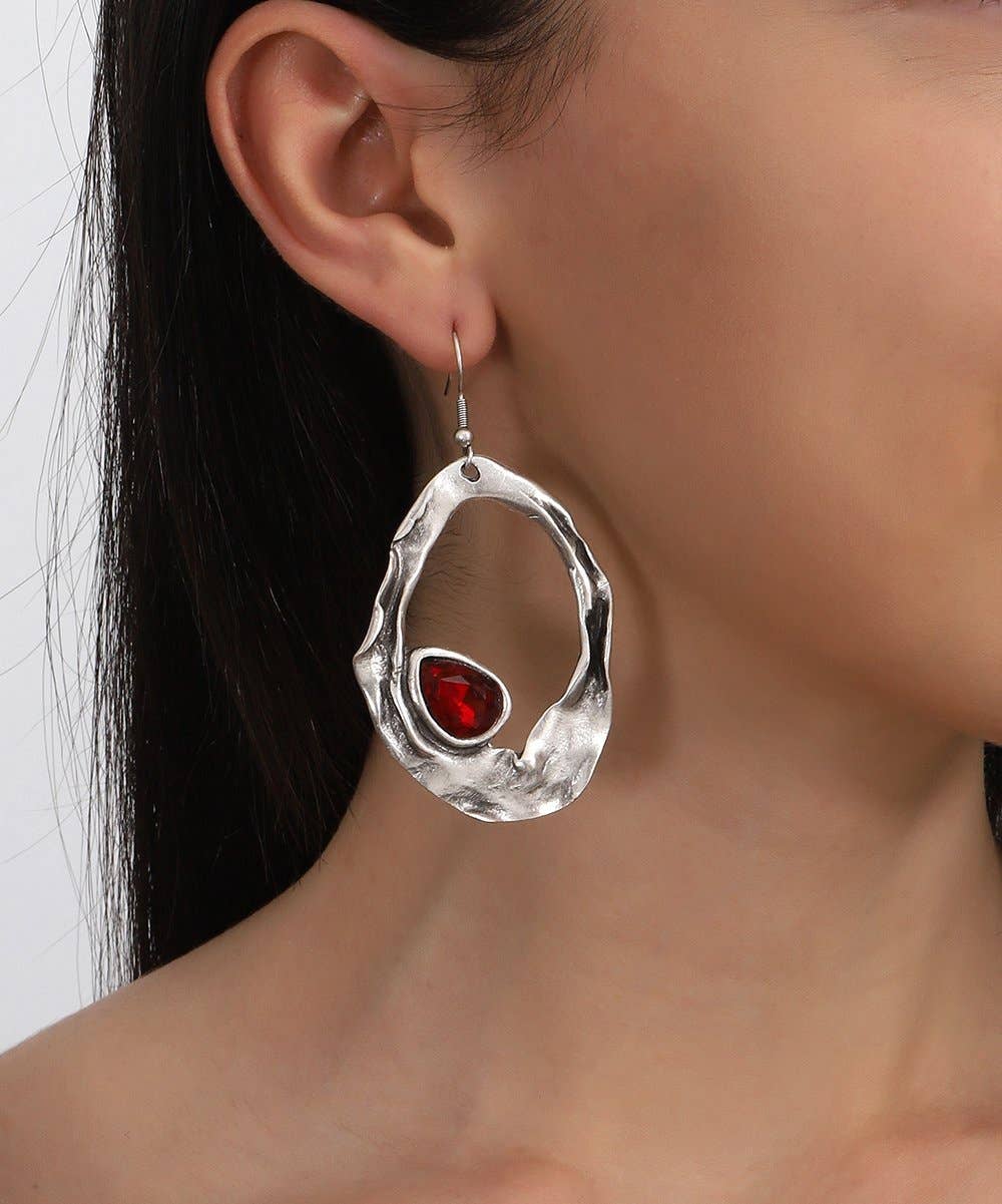 Silver-Plated Red Crystal Freeform Earrings