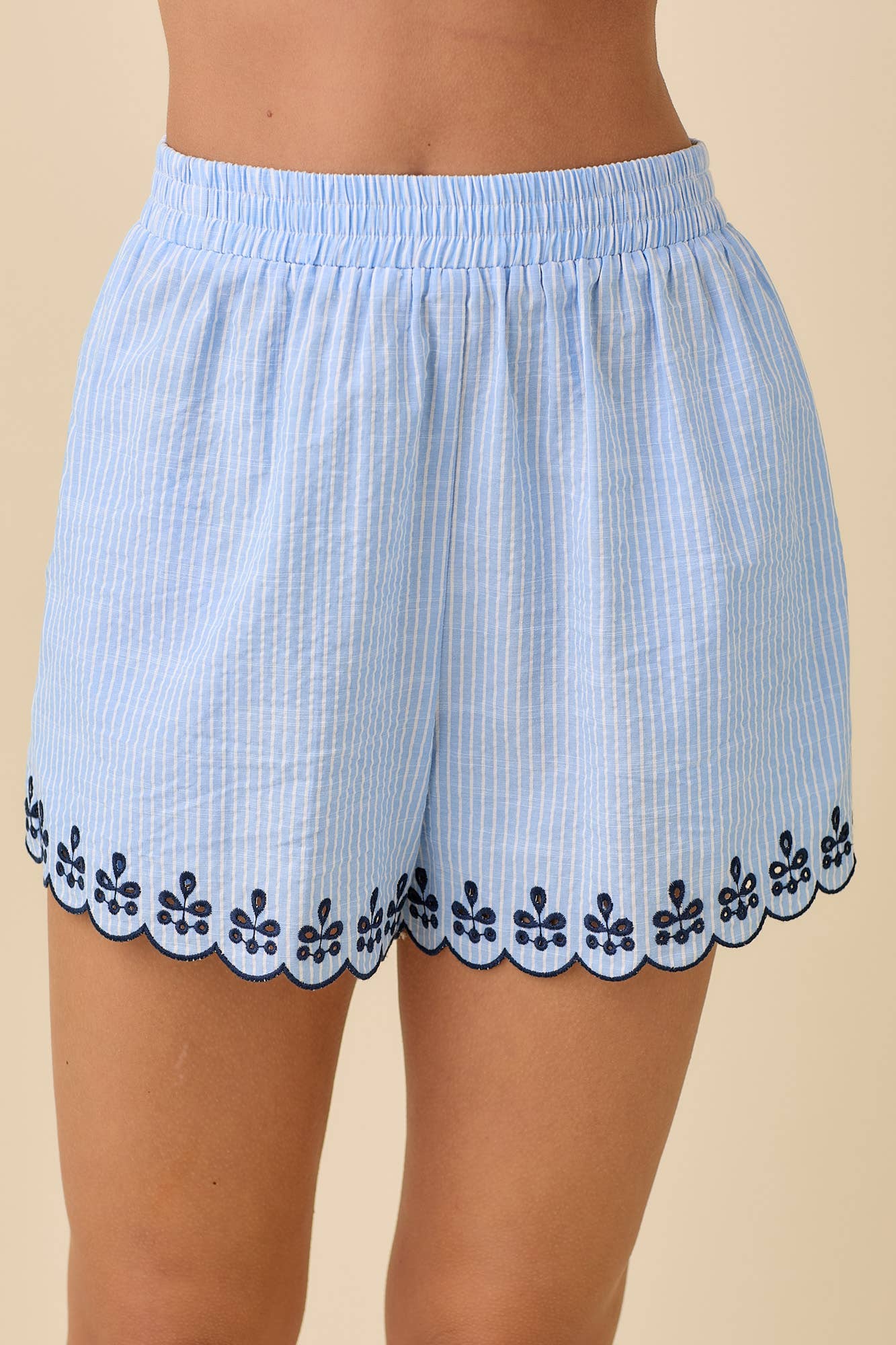 Deena Striped Shorts With Scallop Embroidered Hem Detail
