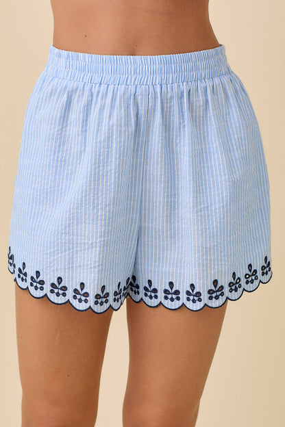 Deena Striped Shorts With Scallop Embroidered Hem Detail