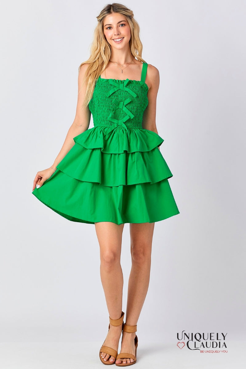 Allison Smocked Bow Tiered Kelly Green Mini Dress | Uniquely Claudia Boutique 