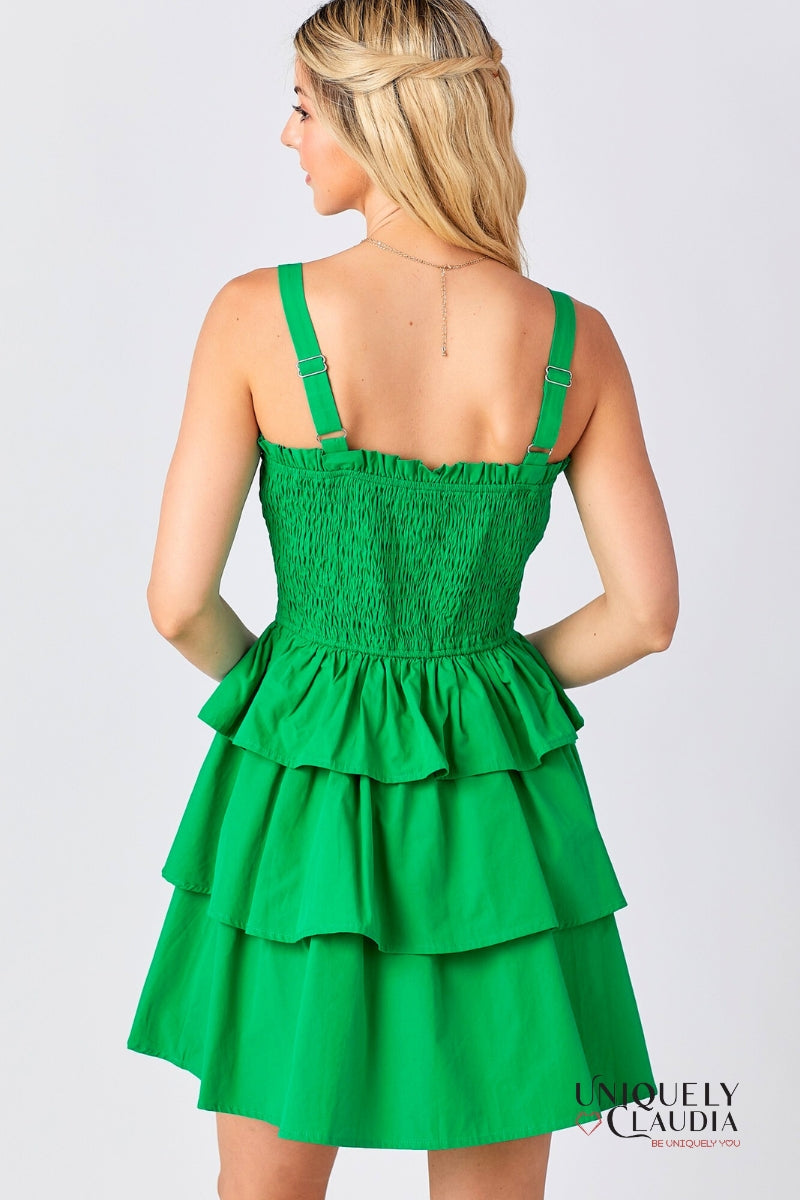 Allison Smocked Bow Tiered Kelly Green Mini Dress | Uniquely Claudia Boutique 