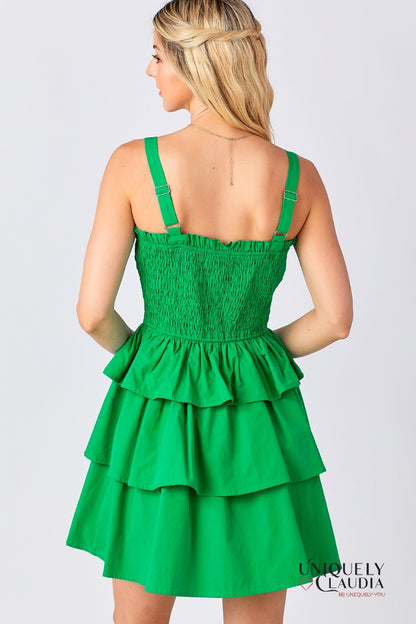 Allison Smocked Bow Tiered Kelly Green Mini Dress | Uniquely Claudia Boutique 