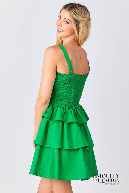 Allison Smocked Bow Tiered Kelly Green Mini Dress | Uniquely Claudia Boutique 